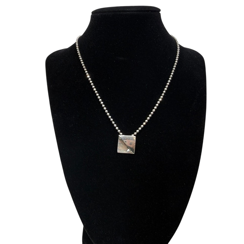 Sterling Silver 925 Ball Chain Necklace with Pyramid Pendant Made in Italy
